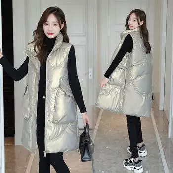 Осень и зима новый глянцевый несмываемый хлопковый жилет женский средний и длинный хлопковый жилет носить жилет куртка M 90-60 kg чёрный