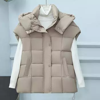 Осень и зима новый хлопковый жилет женский короткий жилет с капюшоном верхняя одежда универсальный свободный утолщенный терможилет куртка M