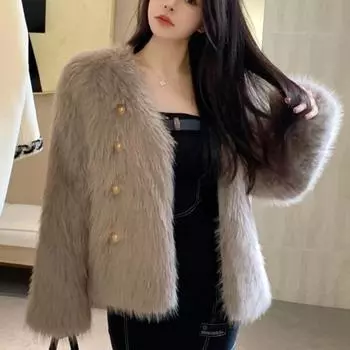 Осень и зима новый искусственный мех шуба лиса мех молодой короткий V-образный вырез темперамент ароматный меховой топ S 80-47.5 kg