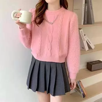 Осень и зима новый искусственный норковый трикотажный сращивающийся круглый вырез длинный рукав темпераментный однотонный свитер для поездок на работу женский короткий топ куртка One size бежевый