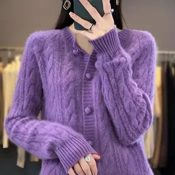 Осень и зима, новый кардиган с круглым вырезом, женский свитер из витого кашемира, вязаный шерстяной утолщенный кардиган, нижнее пальто S