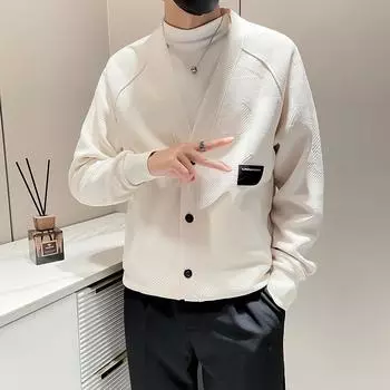 Осень и зима Новый кардиган свитер в американском ретро повседневном непринужденном стиле с V-образным вырезом мужской однотонный свитер пальто M абрикосовый