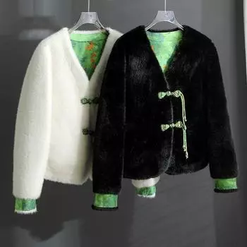 Осень и зима новый китайский искусственный мех норка бархат женская средняя меховая интегрированная короткая куртка национальный стиль темперамент пряжка Average size 90 to 135 слоновая кость