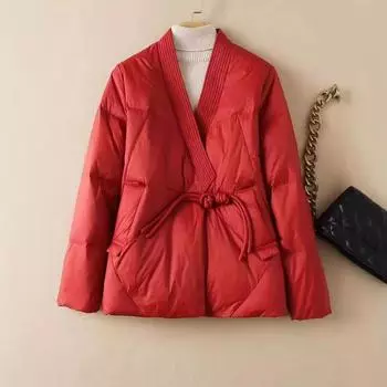 Осень и зима новый китайский стиль легкий пуховик женский короткий литературный и ретро пряжка V-образный вырез белый утиный пуховик M хаки