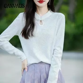 Осень и зима Новый китайский Женский трикотажный топ с пуговицей на пластине Мягкая рубашка в стиле ретро S хаки