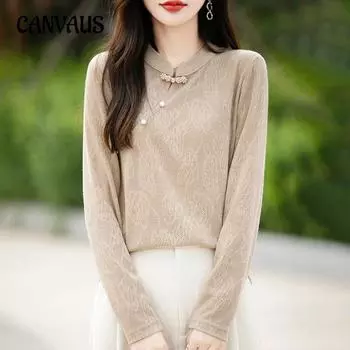 Осень и зима Новый китайский Женский трикотажный топ с пуговицей на пластине Мягкая рубашка в стиле ретро S хаки