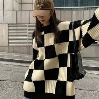 Осень и зима новый клетчатый свитер женский ленивый стиль старший дизайн чувство маленького свитера мягкий вощеный снаружи носить One size