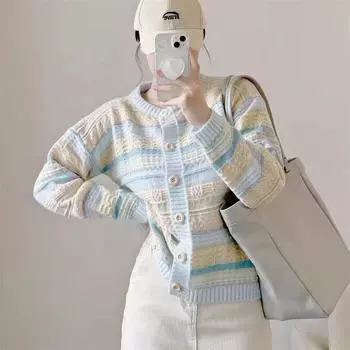 Осень и зима новый контрастные полосы повседневный свободный вязаный кардиган корейский твист свитер куртка женский топ one size fits all розовый