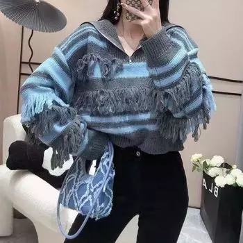 Осень и зима новый контрастный цвет полосатый свободный свитер женский с бахромой дизайн лацкан пуловер вязаный свитер топ женский one size fits all синий