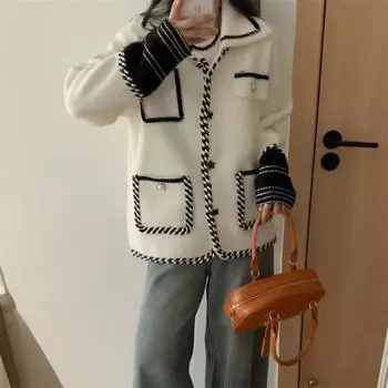 Осень и зима новый контрастный цвет вязаный кардиган имитация норки мягкий восковой свитер темперамент светский маленький ароматный стиль женское пальто прилив one size fits all чёрный