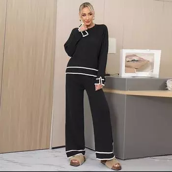 Осень и зима Новый контрастный цветной вязаный свитер с длинными рукавами и разрезами, широкие брюки с высокой талией, комплект из двух предметов для женщин One Size чёрный
