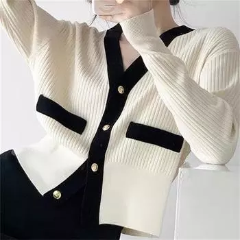 Осень и зима, новый контрастный цветной вязаный кардиган с v-образным вырезом Xiaoxiangfeng, женская корейская версия, нежный мягкий вощеный свитер, куртка, топ one size fits all