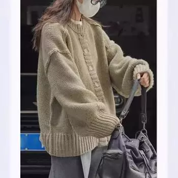 Осень и зима новый корейский круглый вырез ленивый хрустящий свитер кардиган женский повседневный свободный мягкий приятный для кожи топ One size бежевый