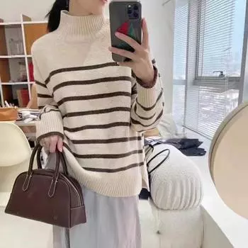 Осень и зима новый корейский ленивый стиль полосатый универсальный свитер с длинными рукавами женский полуводолазка свободный пуловер с вязаным свитером average size