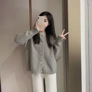Осень и зима новый корейский стиль колледжа универсальный модный иностранный стиль маленький ароматный стиль вязаный кардиган женский свитер женское пальто one size fits all серый