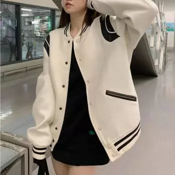 Осень и зима новый корейский стиль контрастные цвета сращивание бейсбольная куртка стиль высокого класса мода длинный рукав куртка топ S