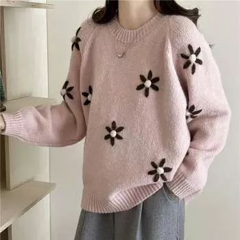 Осень и зима новый корейский стиль свободный ленивый вязаный топ в стиле лесной ретро ручной работы с вышитыми цветами свитер для женщин average size красный