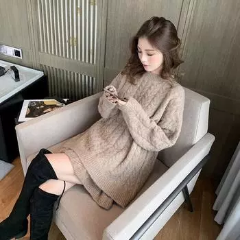 Осень и зима новый корейский вариант свитер-свитер + юбка из двух частей свободный ленивый стиль костюм женский S жёлтый