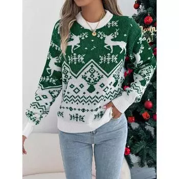Осень и зима новый круглый вырез горловины Рождественский олень узор клетчатый длинный рукав свитер пуловер для женщин S зелёный