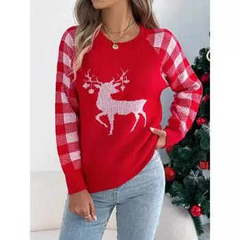 Осень и зима новый круглый вырез горловины Рождественский олень узор клетчатый длинный рукав свитер пуловер для женщин S красный