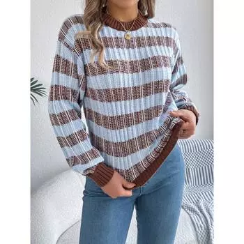 Осень и зима новый круглый вырез горловины полосатый контрастный повседневный длинный рукав пуловер свитер для женщин S чёрный