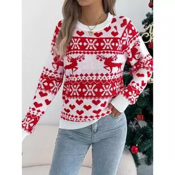 Осень и зима новый круглый вырез горловины Рождественский олень узор клетчатый длинный рукав свитер пуловер для женщин S белый