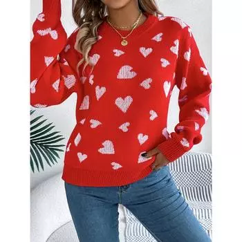 Осень и зима Новый круглый вырез ко Дню святого Валентина Любовь узор длинный рукав толстовка с капюшоном свитер для женщин S красный