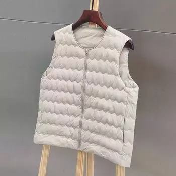 Осень и зима новый круглый вырез легкий пуховик женский короткий жилет жилет без воротника легкий жилет куртка S белый