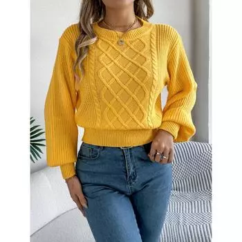 Осень и зима Новый круглый вырез Повседневный жареный тесто Twists однотонный длинный рукав свитер-пуловер S жёлтый