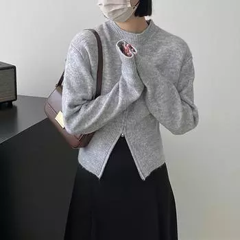 Осень и зима новый круглый вырез с длинными рукавами мягкий восковой подол разрез дизайн смысл маленький пуловер женственный повседневный топ верхняя одежда One size серый