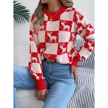 Осень и зима новый круглый вырез с рисунком рождественского оленя клетчатый контрастный повседневный свитер с длинными рукавами для женщин S красный