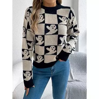 Осень и зима новый круглый вырез с рисунком дьявола клетчатый контрастный повседневный длинный рукав пуловер свитер для женщин S чёрный