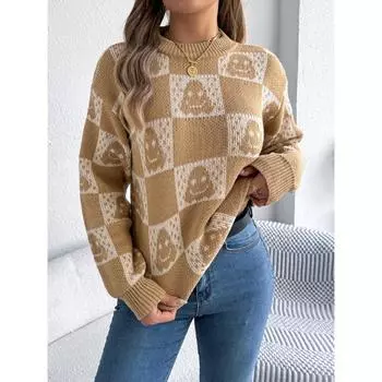 Осень и зима новый круглый вырез с рисунком дьявола клетчатый контрастный повседневный длинный рукав пуловер свитер для женщин S хаки