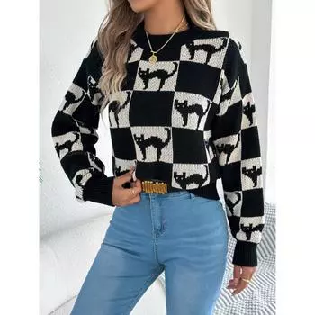 Осень и зима новый круглый вырез с рисунком котенка клетчатый контрастный повседневный свитер с длинными рукавами для женщин S чёрный