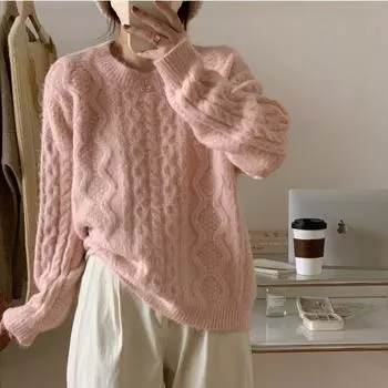 Осень и зима новый круглый вырез твист розовый вязаный свитер свободный ленивый ветер сладкий осенний женский топ для женщин one size fits all розовый