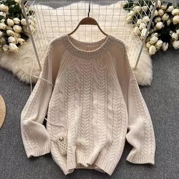 Осень и зима, новый круглый вырез в стиле ретро, ленивая свободная верхняя одежда, вязаный свитер, пуловер, нижний свитер