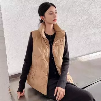Осень и зима новый легкий и тонкий стоячий воротник пуховик жилет женский свободный повседневный модный теплый куртка жилет прилив M белый