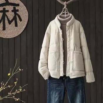 Осень и зима новый легкий и тонкий пуховик женский короткий воротник стойка карман белый утиный пух легкий средний и толстый теплый пиджак M хаки