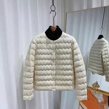 Осень и зима, новый легкий пуховик из 90% белого утиного пуха, женская короткая куртка без воротника с круглым вырезом и V-образным вырезом S чёрный