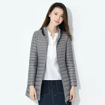 Осень и зима новый легкий пуховик женский средний и длинный корейский вариант тонкий воротник стойка куртка тонкий однотонный цвет большой размер прилив M хаки