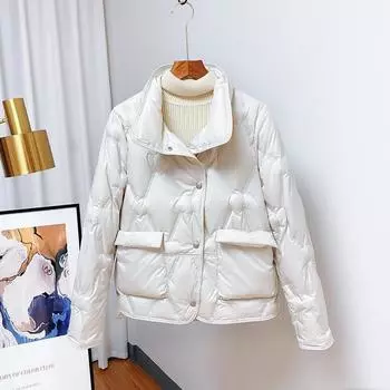 Осень и зима новый легкий пуховик женский короткий воротник стойка однобортный белый утиный пух карман прессованный клей тонкое пальто прилив M белый