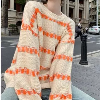 осень и зима новый ленивый ветер мягкий восковой трикотажный свитер топ французский полосатый узор круглый вырез длинный рукав свитер One size