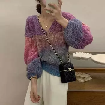 Осень и зима новый ленивый ветер сращивание контрастных цветов топ мягкий восковой свободный универсальный цвет вязаный свитер куртка женская One Size