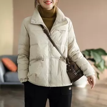 Осень и зима новый литературный и повседневный белый утиный пуховик женский свободный тонкий пуховик модный S хаки
