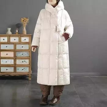 Осень и зима новый литературный и ретро 90-х белый утиный пуховик женский длинный до колена с капюшоном корейская версия куртка прилив S чёрный