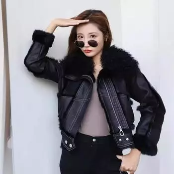 Осень и зима новый локомотив кролик мех сращивание шерсть мех интегрированный мех куртка женская свободная версия среднее и длинное пальто M (80-57.5 kg) чёрный