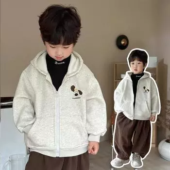 Осень и зима Новый мальчиковый свитер с капюшоном на флисовой подкладке Кардиган Повседневная куртка 90cm серый