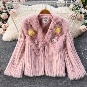 Осень и зима, новый милый дизайн, тяжелая промышленность, блестки, трехмерные цветы, сетка, красный абзац, шуба из меха M розовый