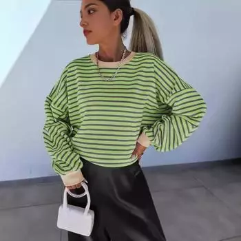 Осень и зима новый модный полосатый свитер с круглым вырезом женский 2025 повседневный универсальный термопуловер с длинными рукавами S