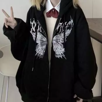 Осень и зима новый модный принтованный капюшон большой размер свитер пара свободный повседневный уличный спортивный кардиган куртка Y2k большой размер M чёрный